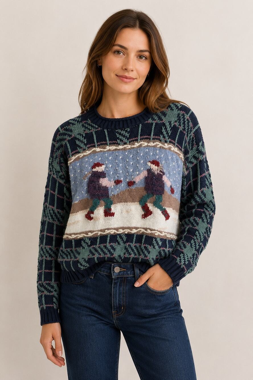 Christopher & Banks Vintage Ice Skating Winter Sweater Hand Embroidered M